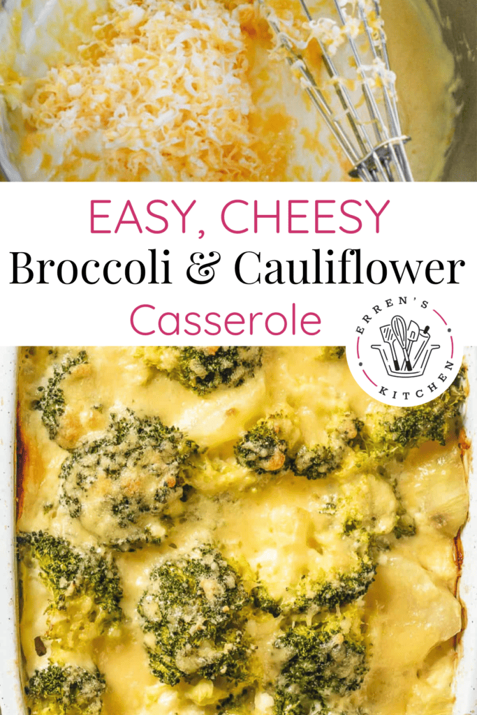 Two images showing a cheese sauce being mixed and the completed cheesy broccoli and cauliflower casserole with melty cheese sauce on top.