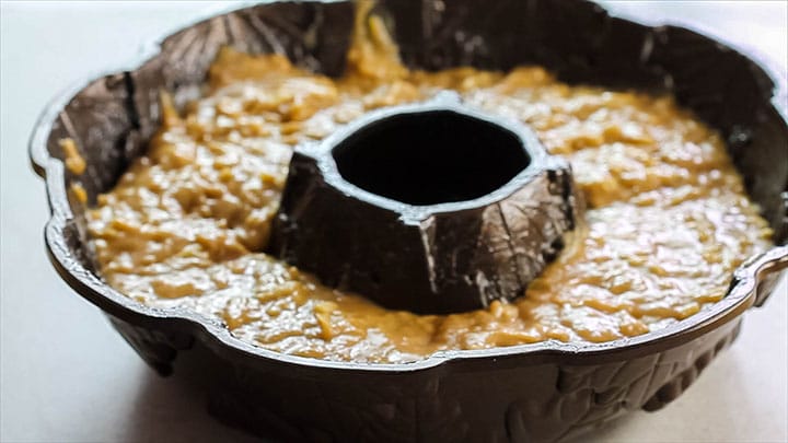 The batter added to a Bundt pan