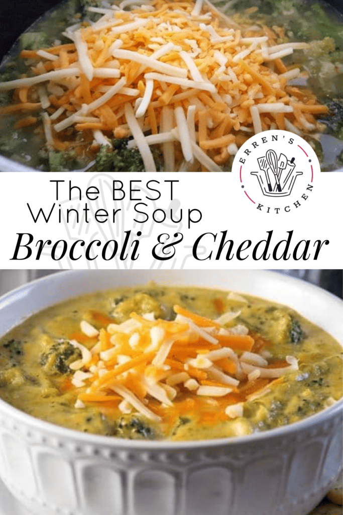 A warm bowl of broccoli cheddar soup with pieces of cooked broccoli and a handful of shredded cheddar cheese topped in the center of the bowl.