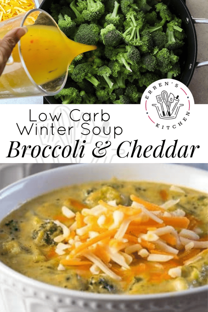 A warm bowl of broccoli cheddar soup with pieces of cooked broccoli and a handful of shredded cheddar cheese topped in the center of the bowl.