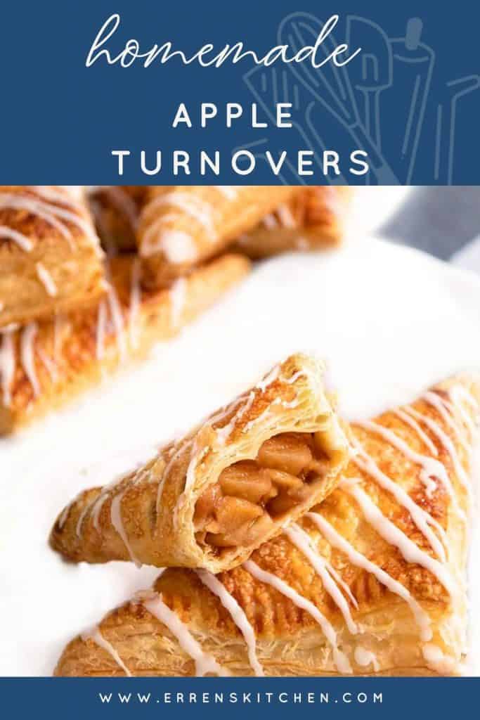 two apple turnovers on a plate with one broken open to show the filling