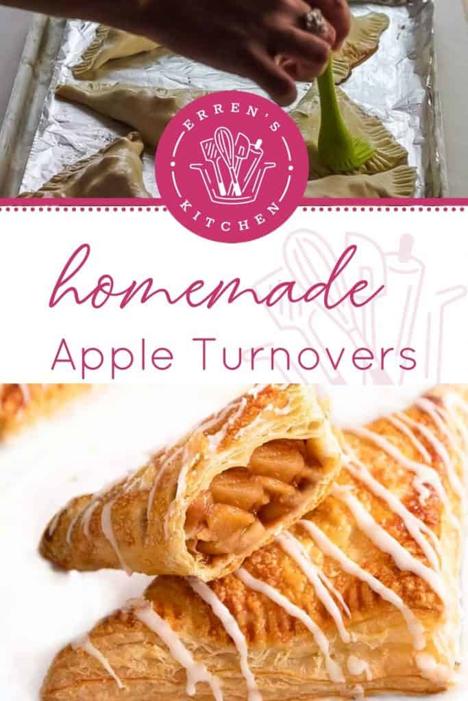 two apple turnovers on a plate with one broken open to show the filling