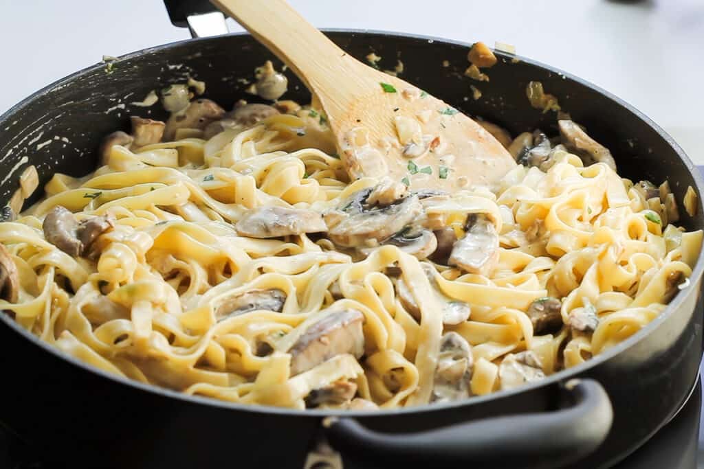 the finished Creamy Tagliatelle and Mushrooms in the pan ready to serve.