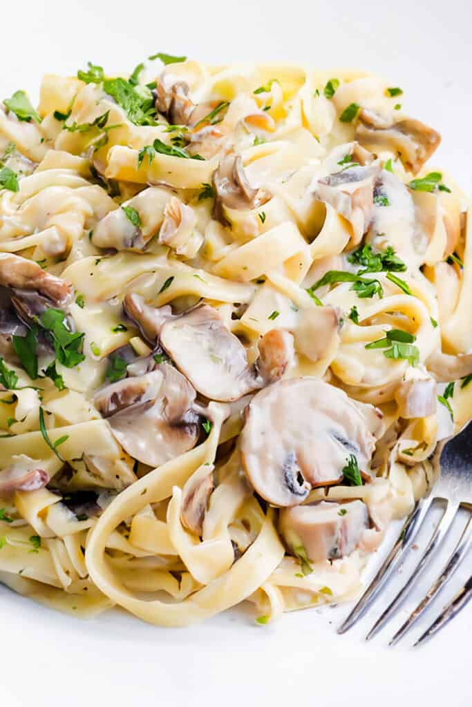 A close up image of a white plate with a creamy tagliatelle pasta dish and sliced mushrooms.