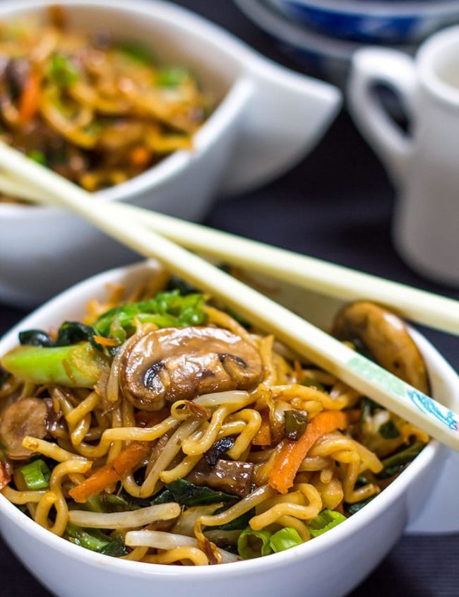 Perfect Chinese Noodles {Lo Mein} in a bowl with chopsticks
