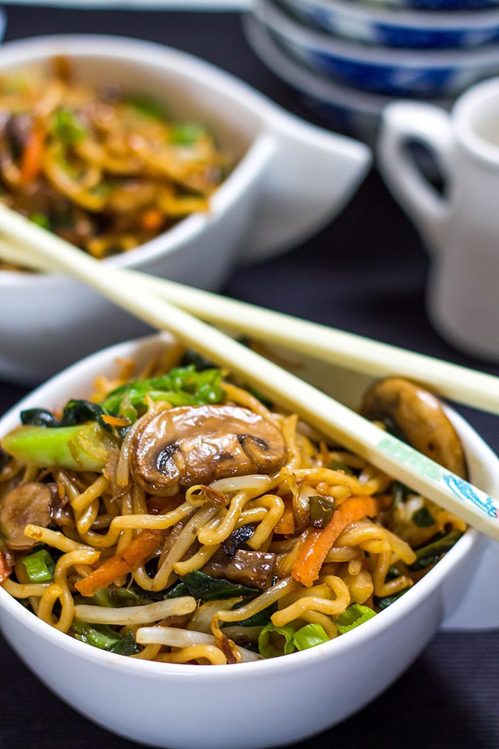 Perfect Chinese Noodles {Lo Mein} in a bowl with chopsticks