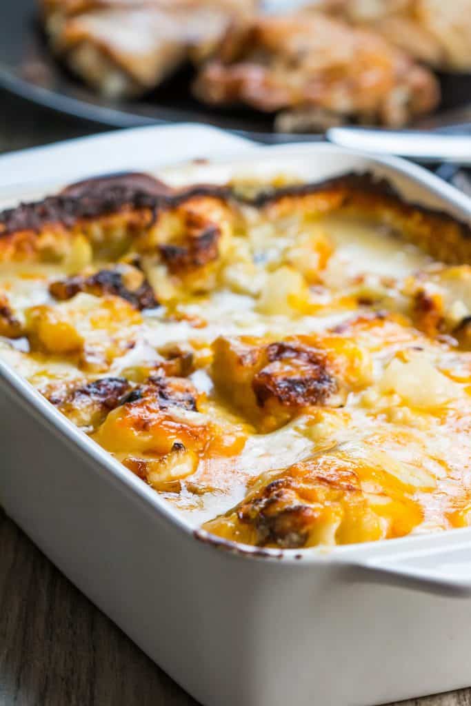 A pan of freshly baked Cheesy Cauliflower Bake