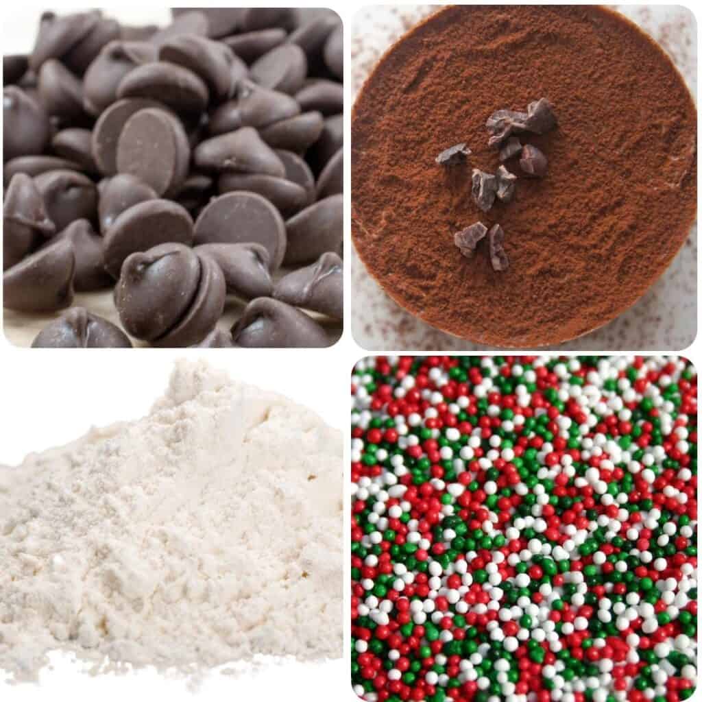 ingredients: chocolat chips, cocoa powder, flour and sprinkles