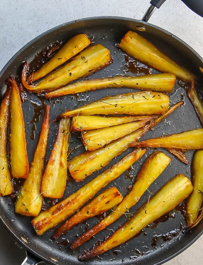 roasted parsnips in a pan