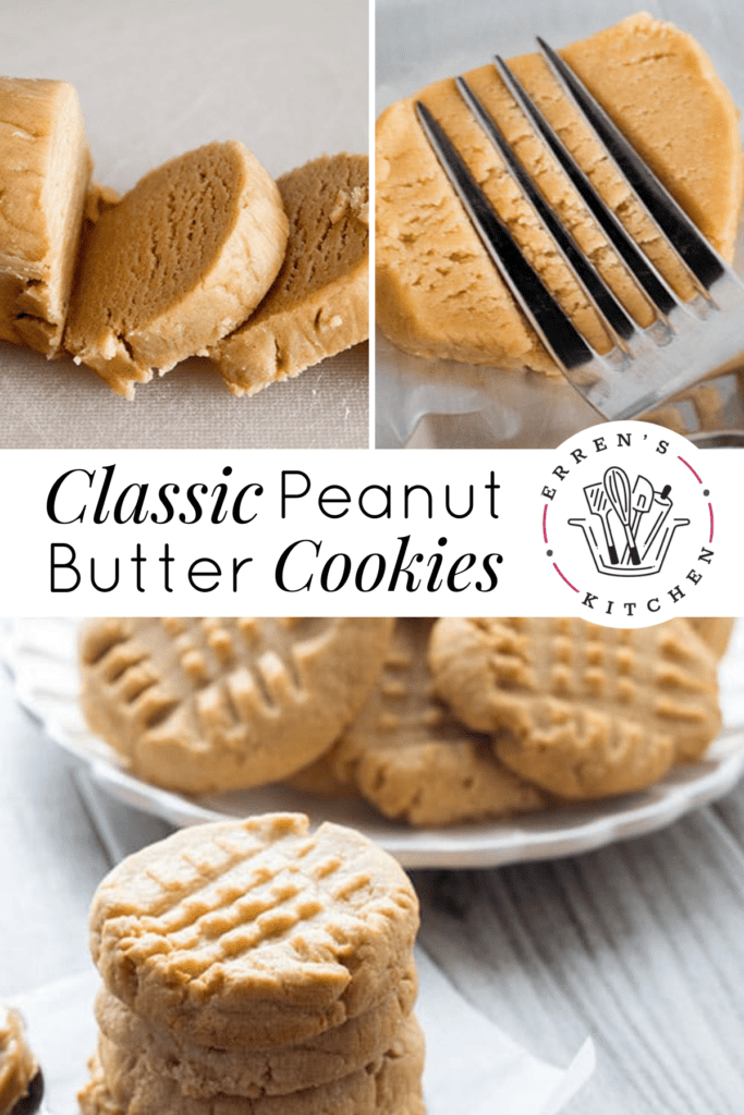 Images showing sliced cookie dough and a fork pressing into the dough to make the criss cross pattern. Also a stack and plateful of the completed peanut butter cookies.