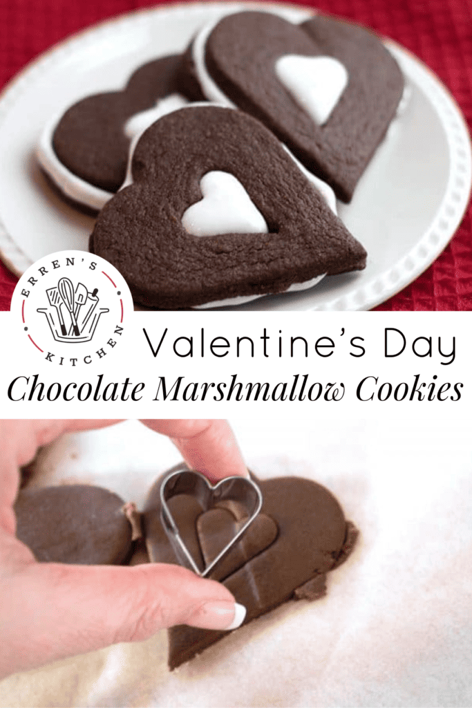 The top photo is a heart being cut out of the center of a heart shaped cookie dough with a cookie cutter. The bottom photo is chocolate cookie dough rolled out flat with heart shaped cookies being cut out.