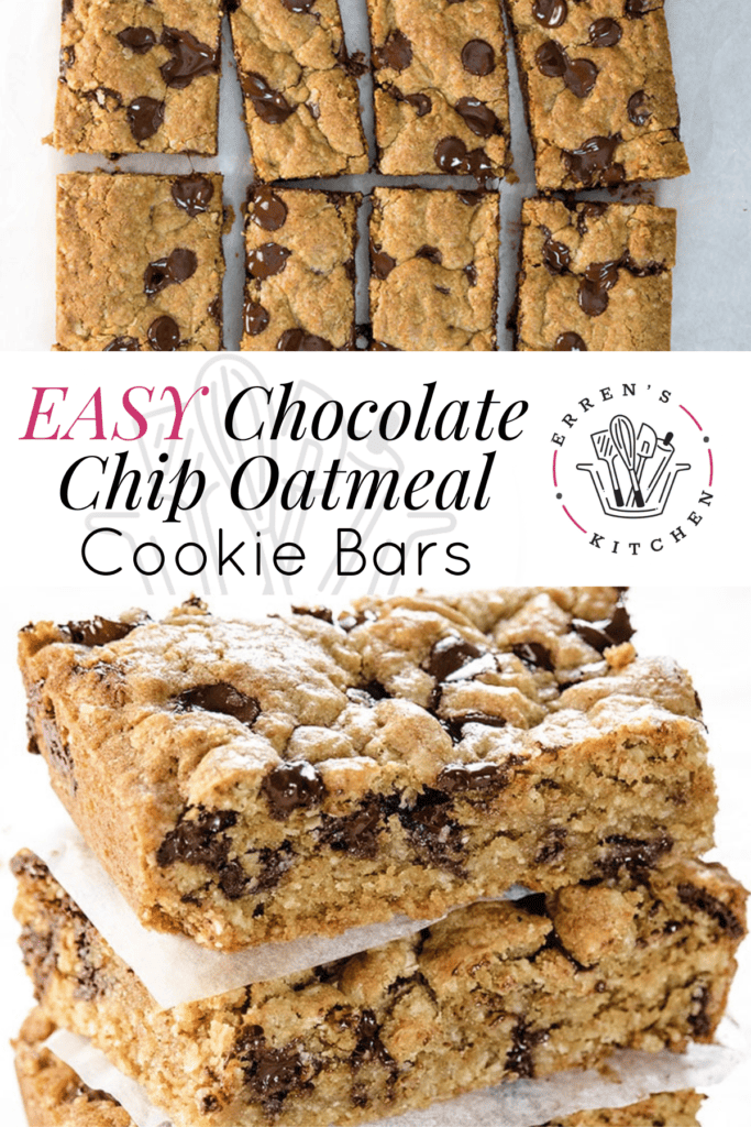 Chocolate chip oatmeal cookie bars cut into squares and a stack of the bars with melty chocolate chips.