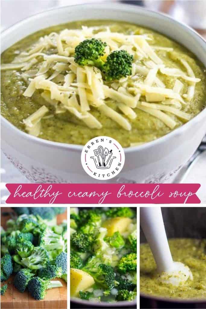 a pinterest pin with a photo of the finished soup, cut up broccoli and blending the soup