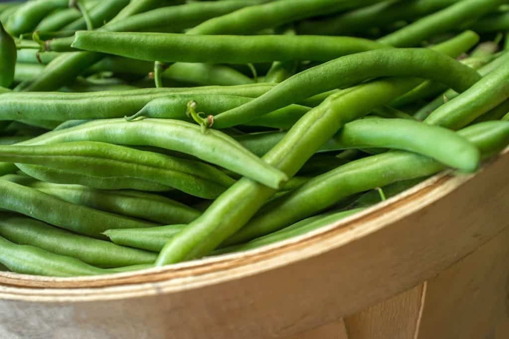 a close up of a basket of green beans