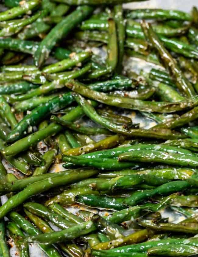 roasted green beans just out of the oven crispy and browned
