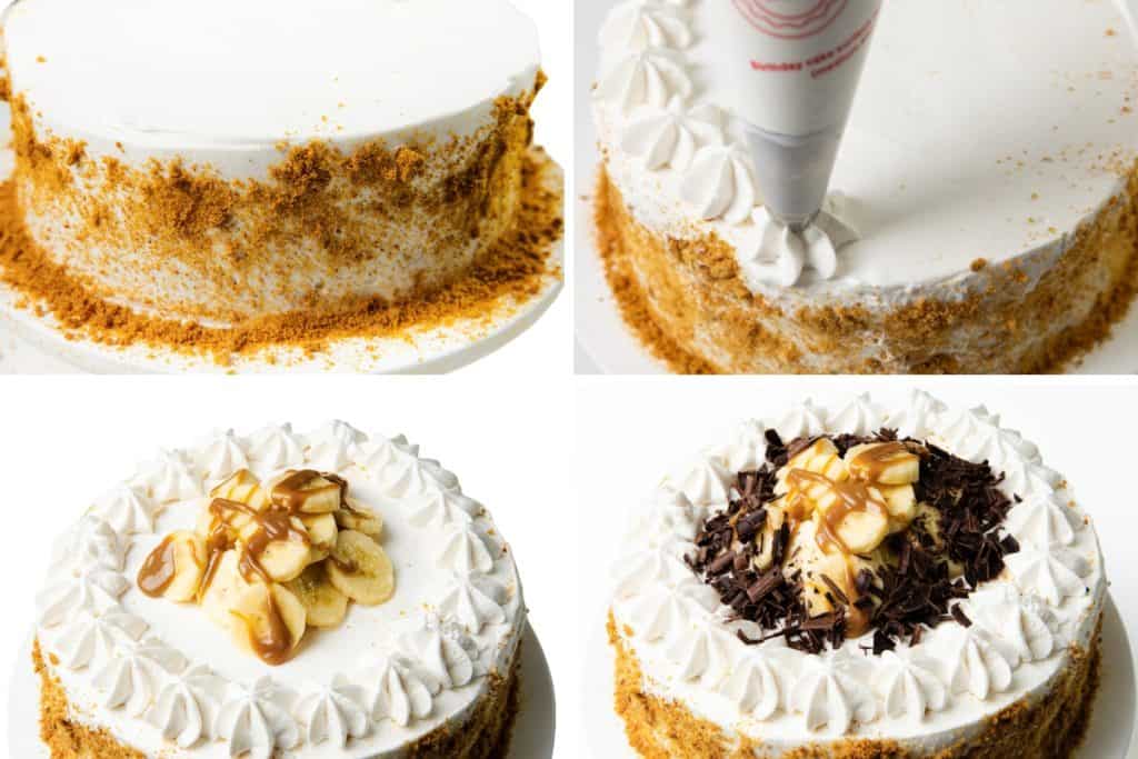 Four images show a Caramel Banana Cake with Whipped Cream Frosting being decorated: crumb-coated with frosting, piped with white swirls, then topped with banana slices and caramel, and finally finished with banana slices and chocolate shavings.