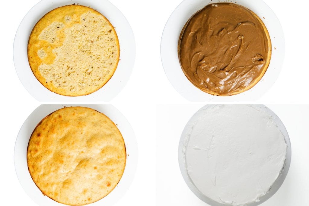 Four round cake pans: top left-plain cake, top right-cake spread with chocolate, bottom left-another plain cake, bottom right-cake topped with smooth white icing—perfect for creating a Caramel Banana Cake with Whipped Cream Frosting. All are viewed from above on white plates.
