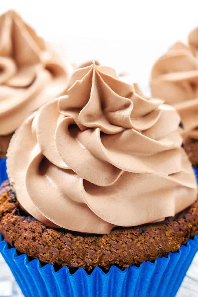 a close up of a cupcake topped with Chocolate Whipped Cream Frosting