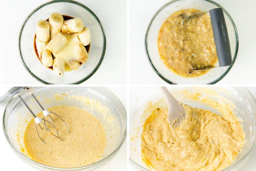 Four images show the preparation of Caramel Banana Cake with Whipped Cream Frosting: bananas and liquids in a bowl, mashed mixture, mixing wet ingredients with a hand mixer, and stirring thick batter with a spatula.