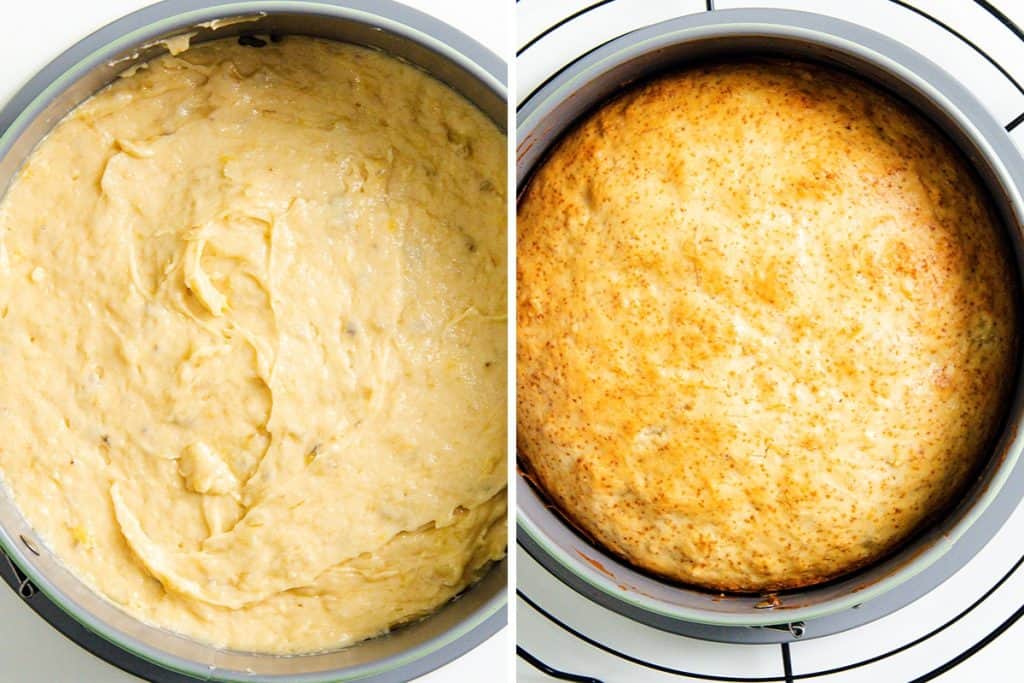 Side-by-side images show a round cake pan: on the left, filled with raw Caramel Banana Cake with Whipped Cream Frosting batter; on the right, the baked cake is golden brown and risen, still in the same pan.