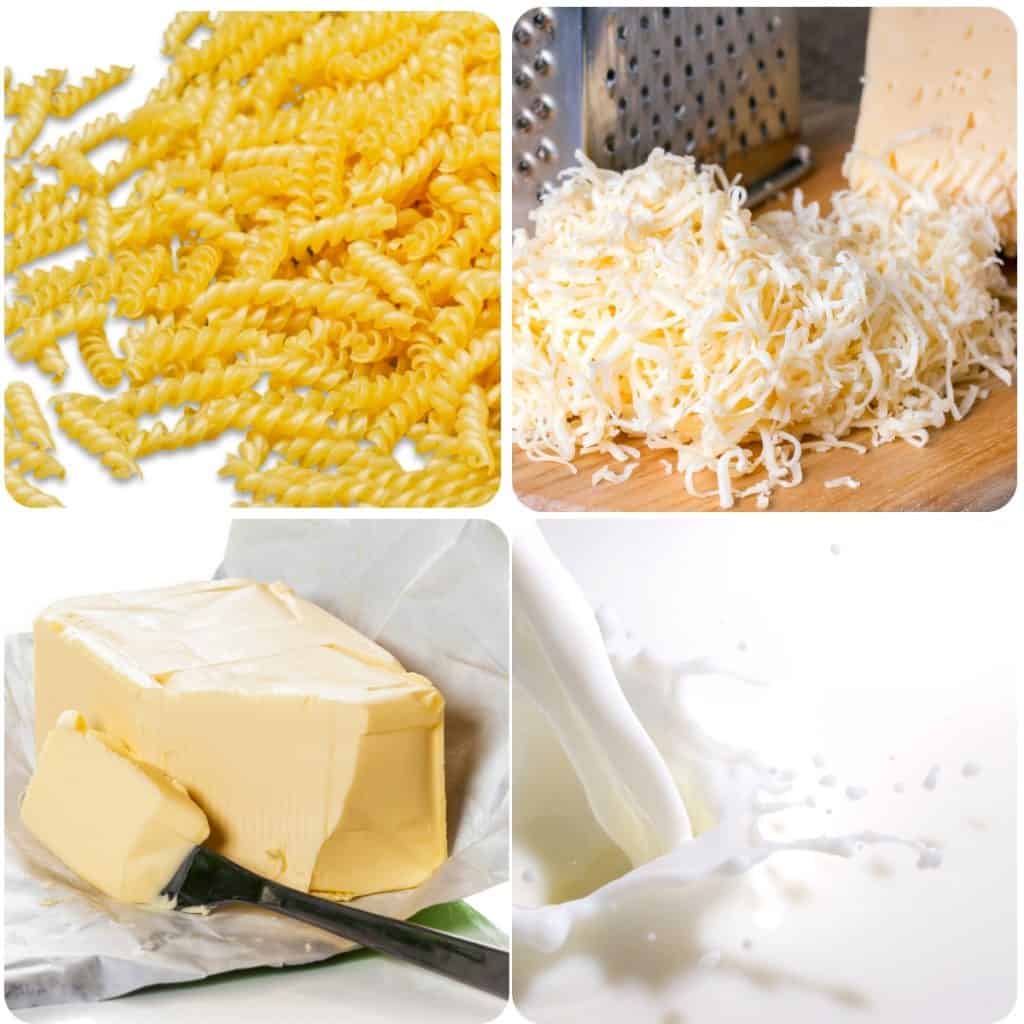 Pasta, shredded cheese, butter and milk