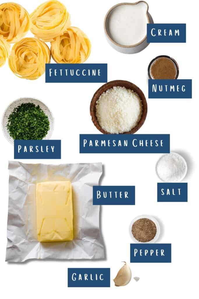 all of the ingredients for Fettuccine Alfredo laid out on a table