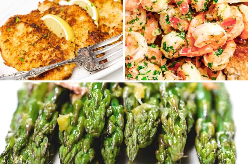 breaded chicken, garlic shrimp, and roasted asparagus 