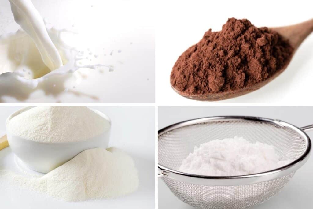 cream, cocoa powder, powdered milk, and powdered sugar