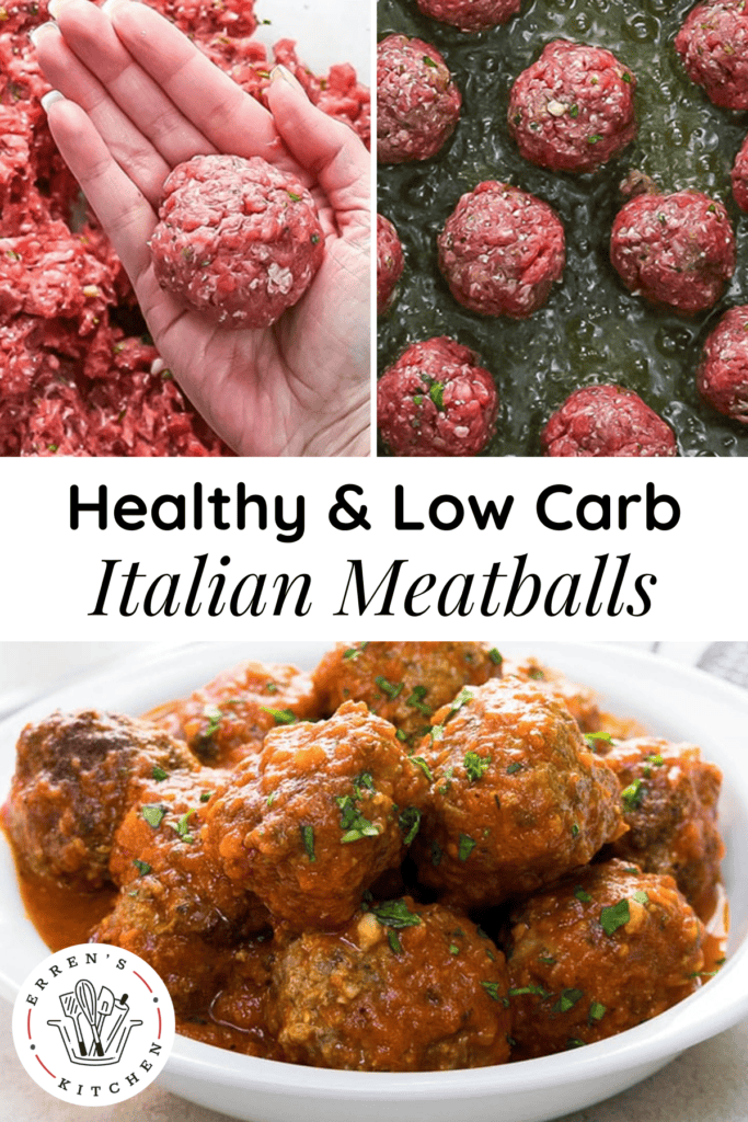 A pile of low carb. italian meatballs with marinara sauce and parsley on top.