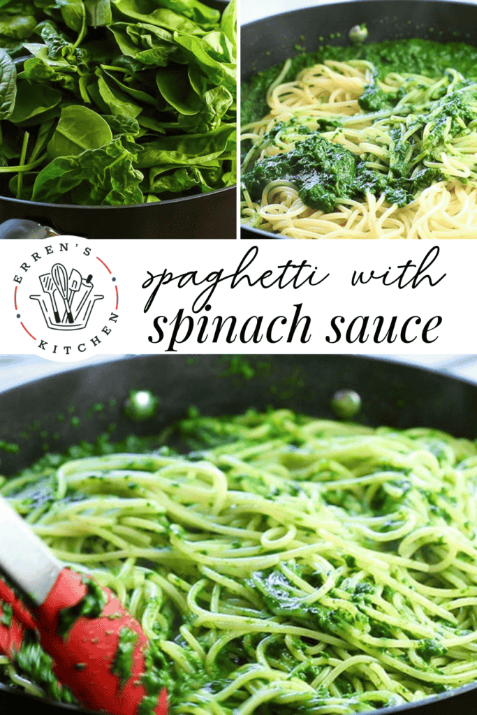 A pot of spaghetti being mixed with creamy spinach sauce, a pot full of uncooked spinach, and cooked spaghetti with the green creamy spinach sauce on top.