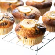 chocolate chip banana muffins cooling on a cooling rack