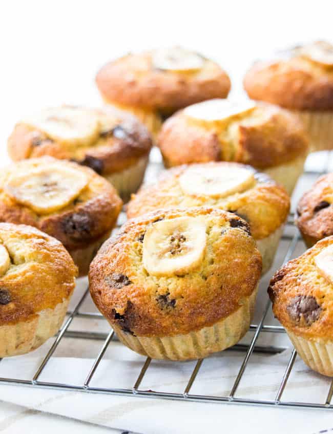 chocolate chip banana muffins cooling on a cooling rack