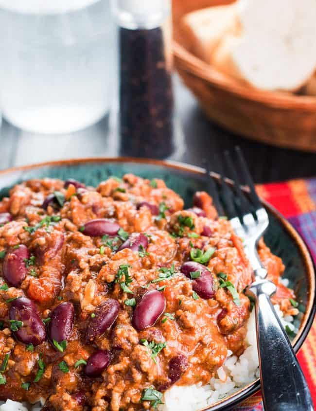 Classic Chili Con Carne served on a bed of white rice