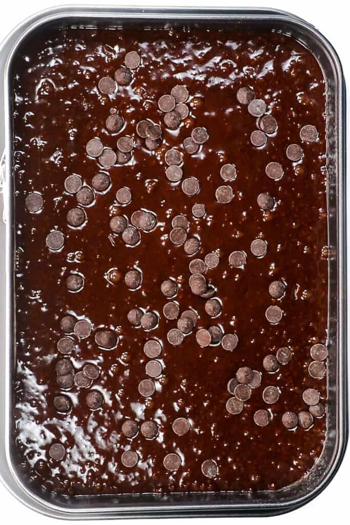 the brownie batter in the pan ready to bake