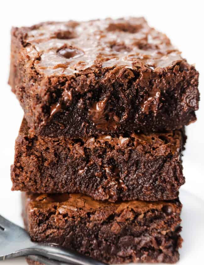 Three Chocolate Chip Brownies stacked on top of each other
