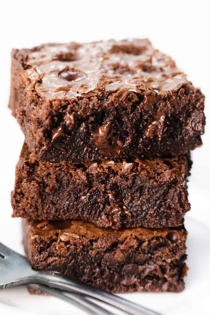 Three Chocolate Chip Brownies stacked on top of each other