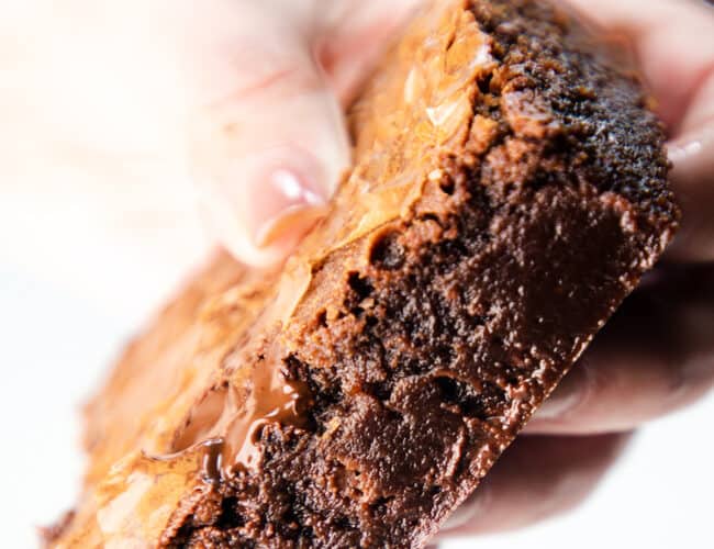 a close up image of a woman's hand holding a fudgy Chocolate Chip Chip Brownie
