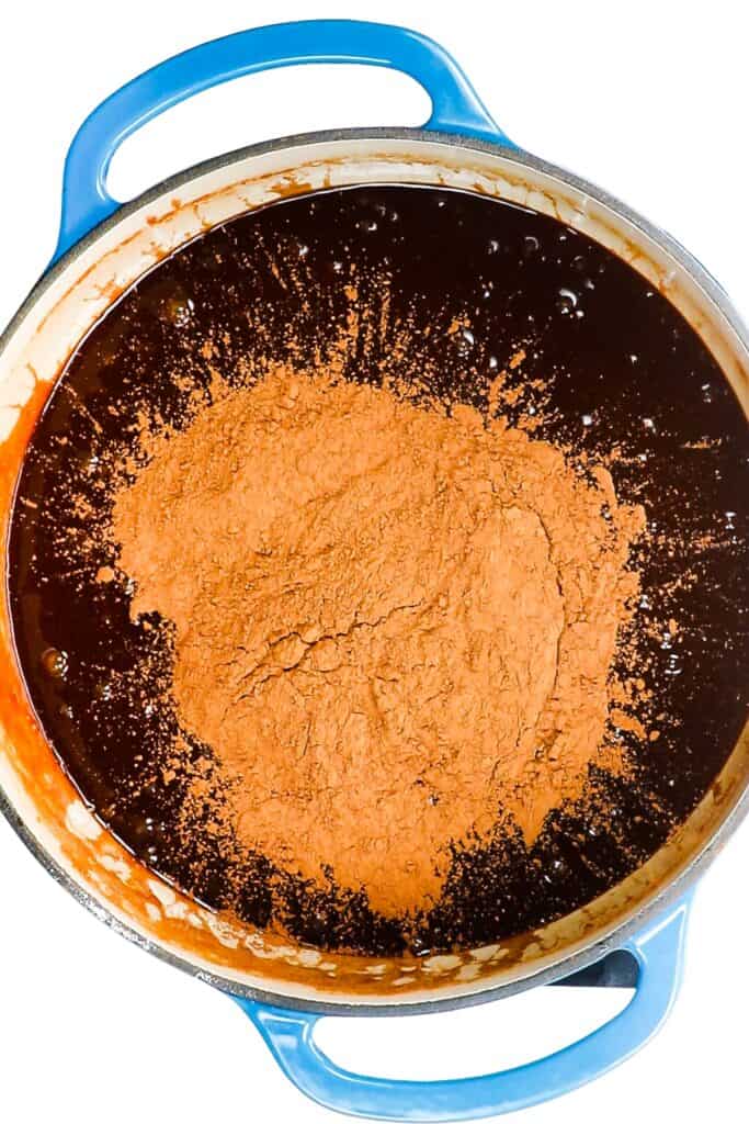 the cocoa powder add to the pot with the vanilla and salt