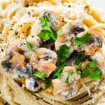 a close up image of a plate of Creamy Mushroom Spaghetti topped with mushrooms and parsley