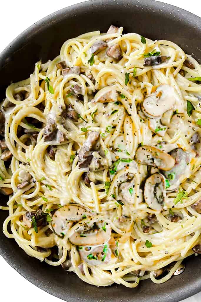 Creamy Mushroom Spaghetti ready to serve in the pan