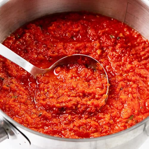 A stainless steel saucepan filled with chunky Tomato Sauce, thick and vibrant, with visible herbs and oil glistening on the surface. A metal ladle rests inside, ready to serve this rich and flavorful creation.