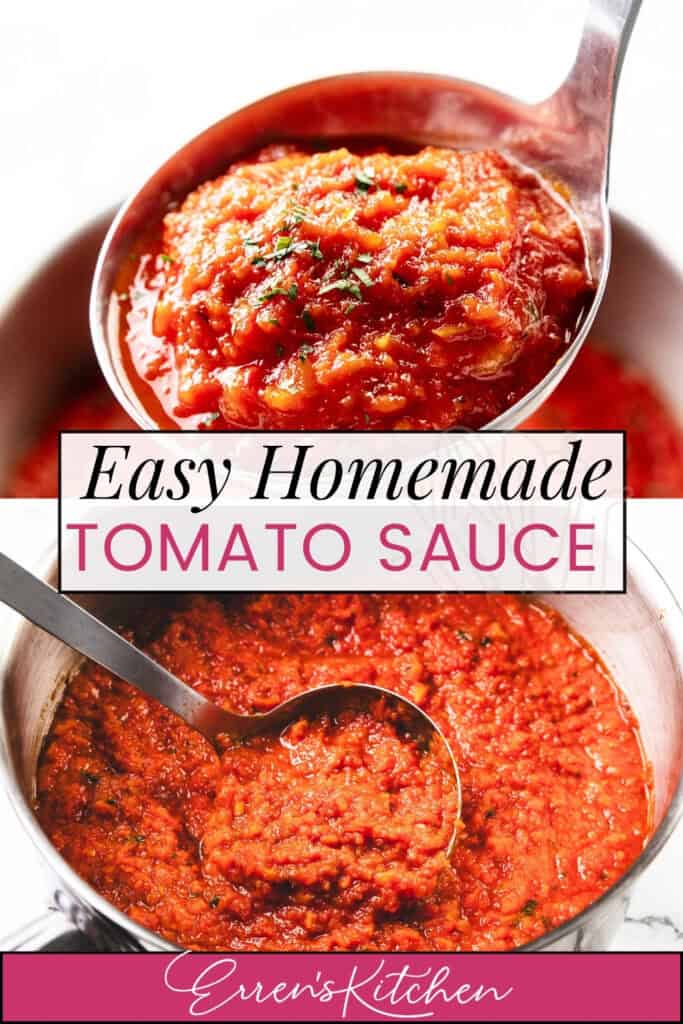 A close-up of a ladle lifting thick, chunky tomato sauce from a pot. The image features the text "Easy Homemade Tomato Sauce" and "Erren's Kitchen" in bold letters, highlighting this classic tomato sauce recipe.