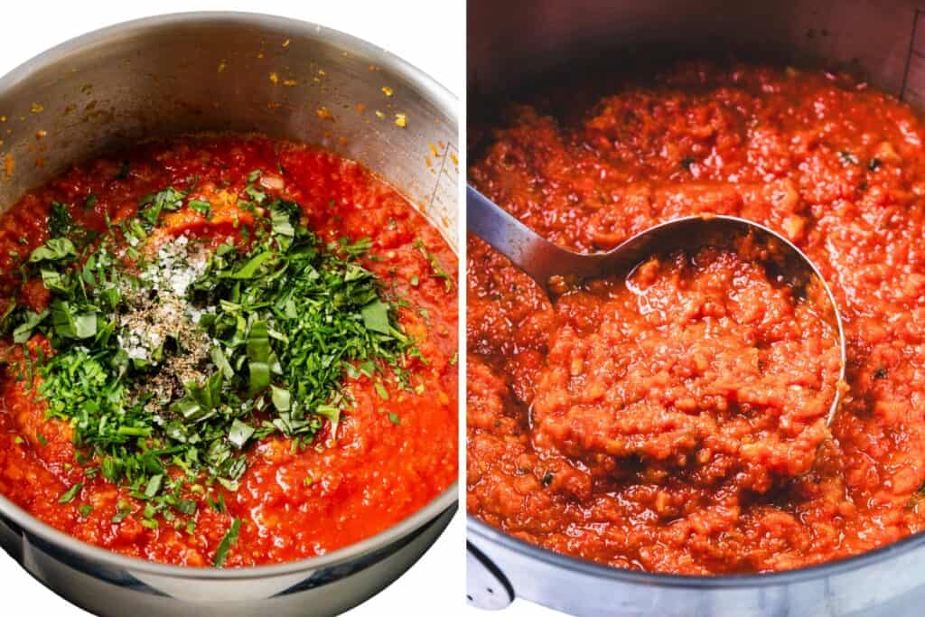 Side-by-side images of Tomato Sauce in a pot: the left displays chopped herbs and seasonings atop the sauce, while the right shows the finished, thickened Tomato Sauce being stirred with a ladle.