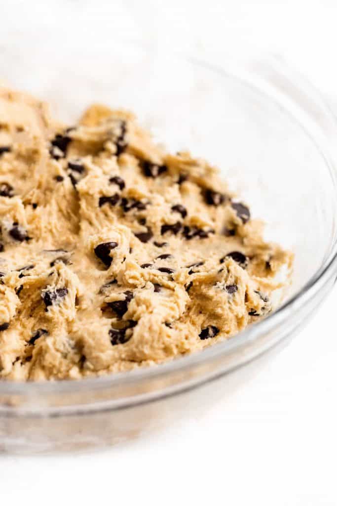 a close up image of the cookie dough mixed in a bowl