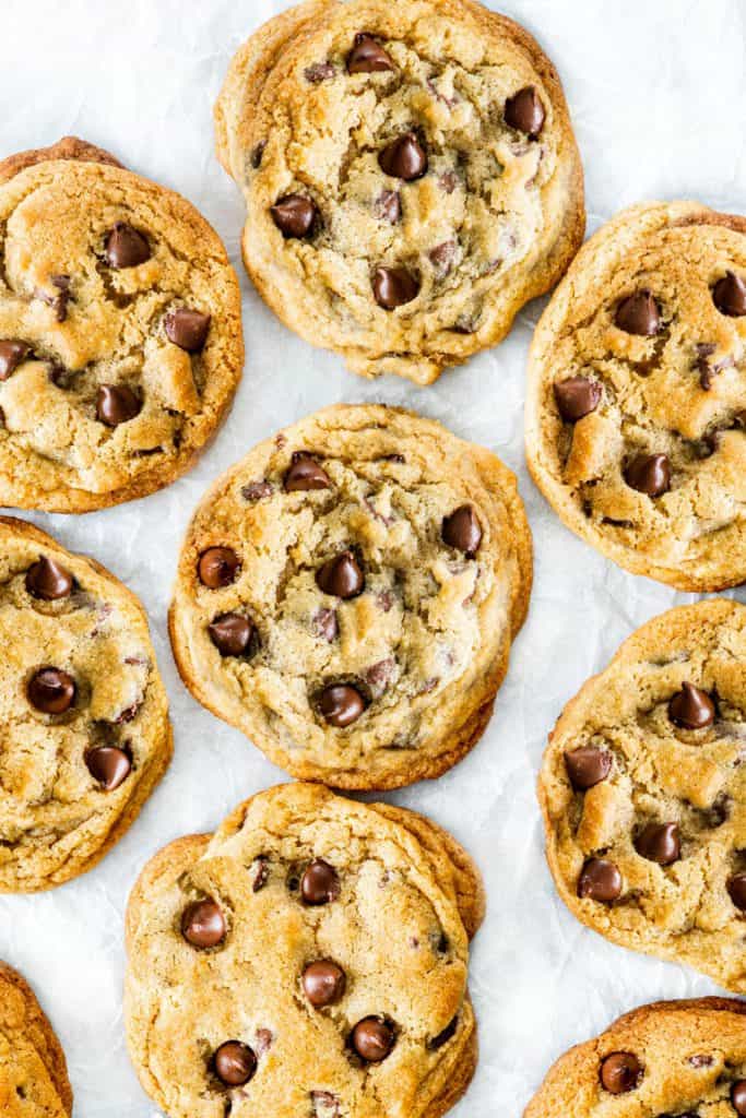 chocolate chip cookies on a sheet pan fresh out of the oven