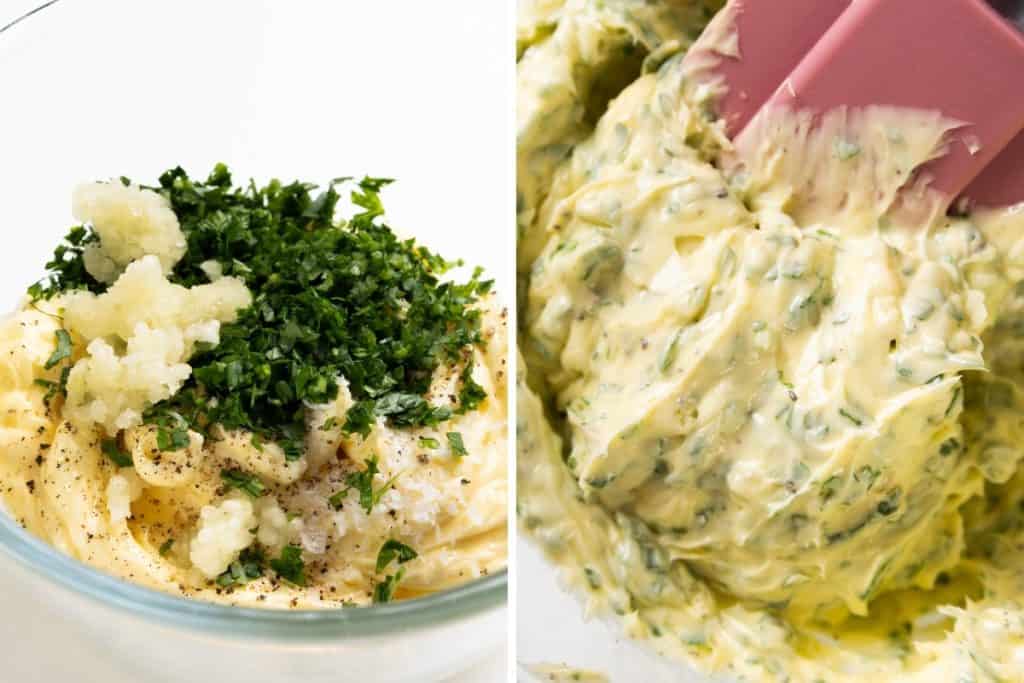 A glass bowl with butter, minced garlic, chopped parsley, and pepper on the left; on the right, a spatula mixes the ingredients into a creamy garlic herb butter&mdash;the ideal base for Perfect Homemade Garlic Bread.