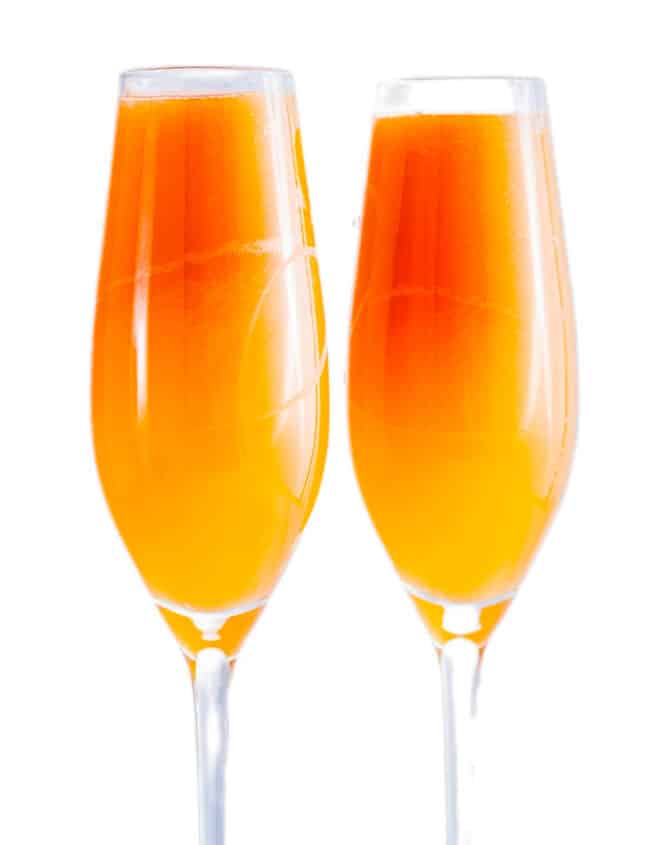 two mimosas in long stem glasses