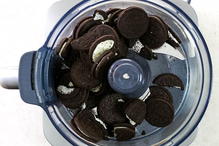 Oreo cookies in a food processor bowl 