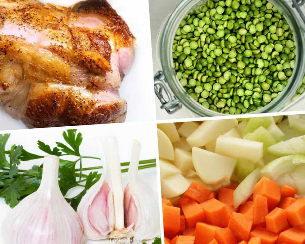 a ham hock, split peas, parsley, garlic, carrots, celery and onions