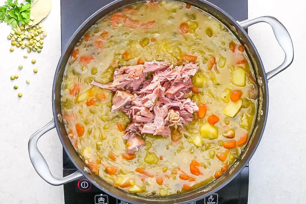 shredded ham added to the pot with the soup